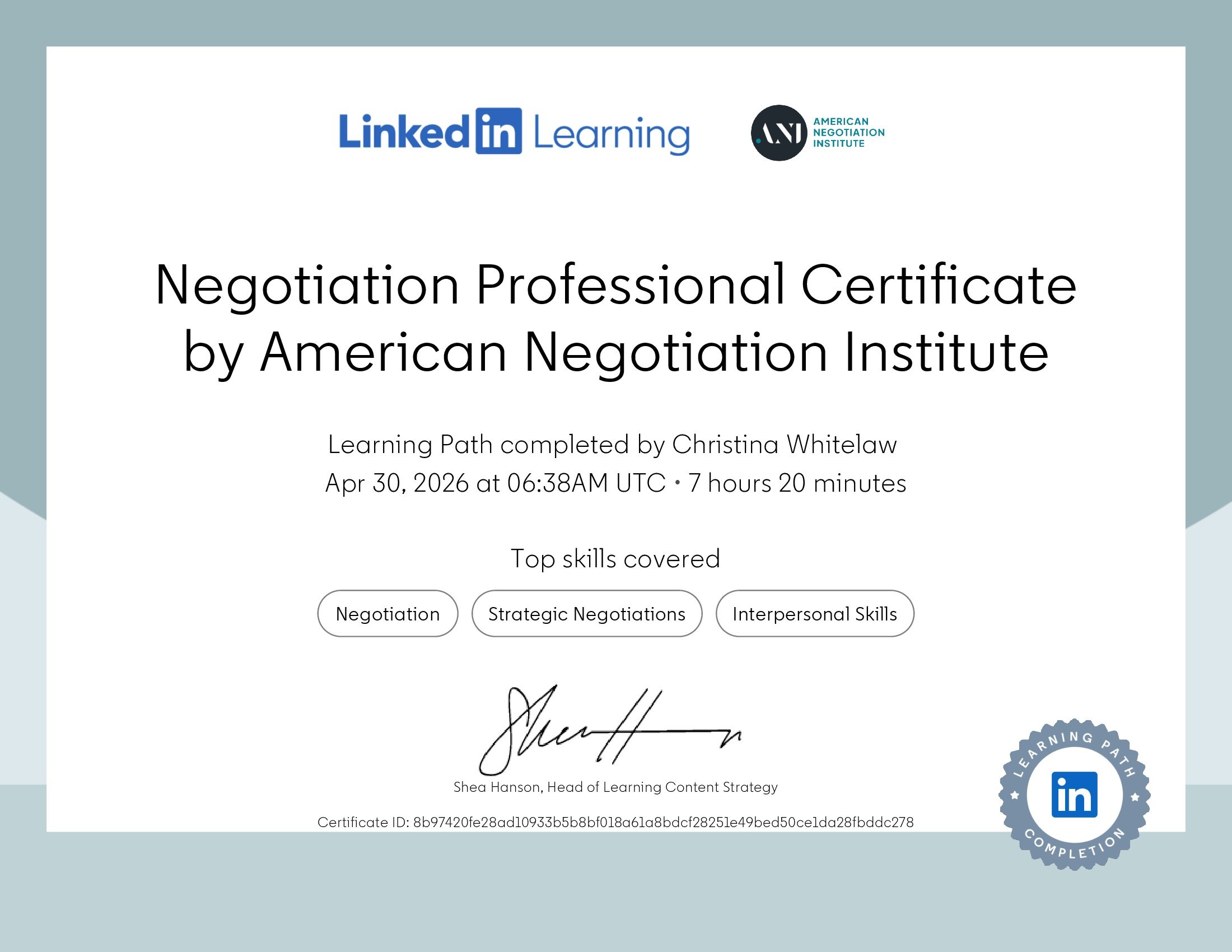 American Negotiation Institute Certificate of Completion